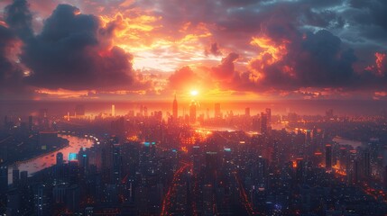 Futuristic Cityscape Under Red Sky at Dusk