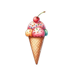 Colorful ice cream cone with sprinkles and cherry on top, perfect for summer themes and sweet treat illustrations.