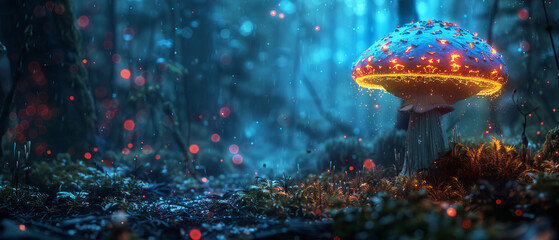 The dense dark forest floor illuminated by a vibrant glowing bioluminescent mushroom