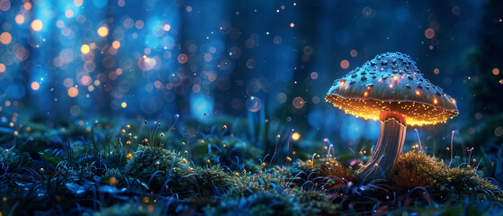 The mysterious glow of a bioluminescent mushroom in a dense dark forest
