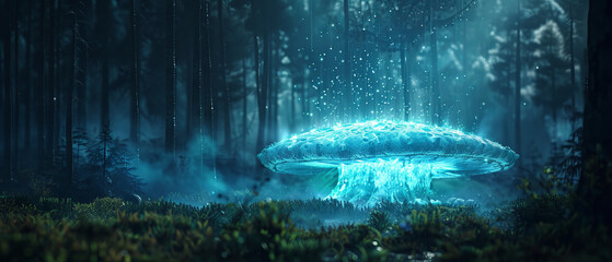 Obraz premium The mysterious glow of a bioluminescent mushroom in a dense dark forest
