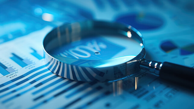 A magnifying glass over financial charts and graphs