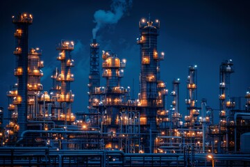 Fototapeta premium A beautiful night view of an oil refinery. AI.