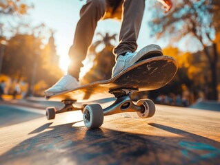 A skateboarder rides on a skateboard. AI.