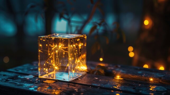 A glass cube with glowing lights in the dark. a reminder that even in the darkest of times