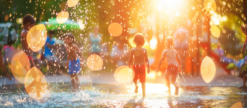summer water activity kids playing on splash pad playground city park