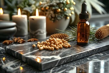 Natural Wellness: Aromatherapy Scene with Essential Oils and Supplements for Spa Relaxation and Health