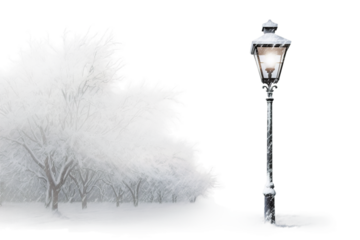 Winters Glow: A Street Light Illuminating a Serene Snowy Park on White or PNG Transparent Background.