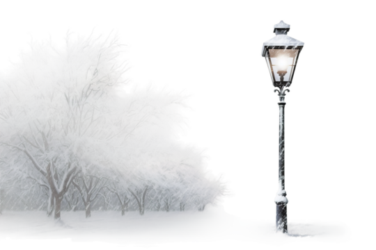 Winters Glow: A Street Light Illuminating a Serene Snowy Park on White or PNG Transparent Background.
