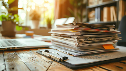 A stack of papers on a wooden desk with a laptop and a plant in the background.  The papers are organized and ready for work.  The image suggests a busy office environment.