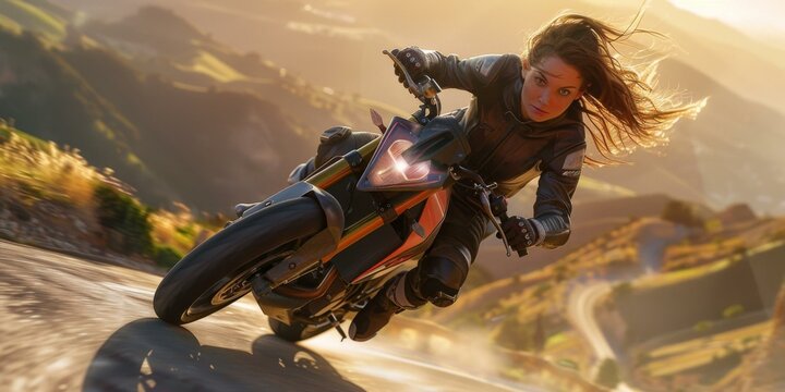 A woman in a black leather jacket rides a black and orange motorcycle on a winding road. AI.