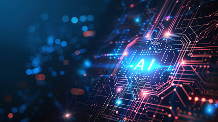 Abstract digital background with glowing circuit board and AI symbol, representing artificial intelligence and technology.