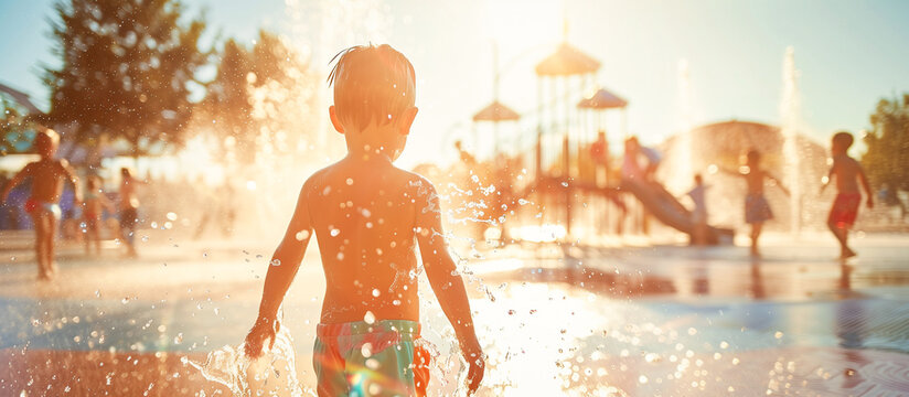 summer water activity kids playing on splash pad playground city park
