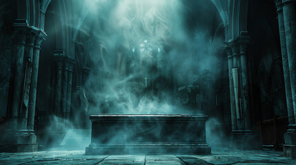 Eerie, misty interior of a gothic cathedral, a single stone altar bathed in an ethereal glow.