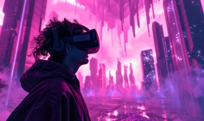 Fototapeta premium young man wearing VR glasses in cyberpunk city