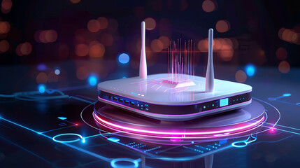 Modern wireless router with glowing antennas on a futuristic digital background.