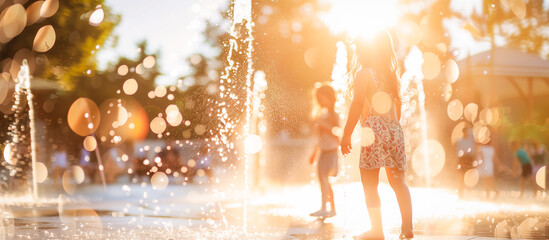 summer water activity kids playing on splash pad playground city park
