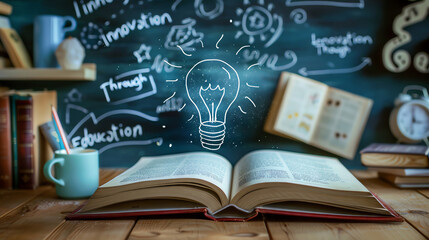 Open book with glowing lightbulb above, surrounded by books, a clock, and a chalkboard with words related to education and inspiration.