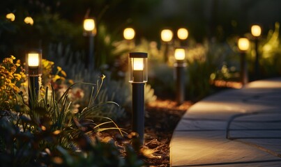 solar LED bollard lights in night garden