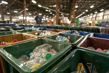 Obraz premium A recycling center with bins for different materials such as paper, plastic, and glass. People are seen sorting and depositing items into the appropriate bins, promoting the practice of recycling to