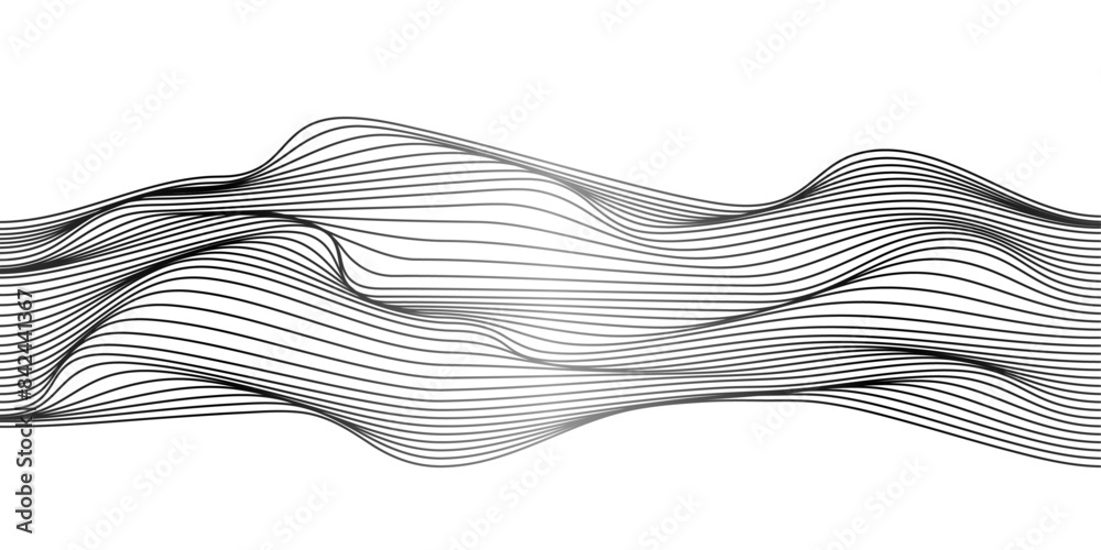 Poster Abstract wavy lines pattern, flowing smooth curve halftone gradient, mountain landscape isolated on transparent background. Vector illustration 