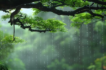 Serene Rainy Day in a Lush Green Forest - Tranquil Nature Scene for Relaxation, Meditation, or Wall Art