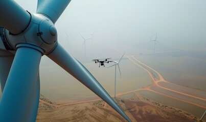 drone over desert wind turbines in haze