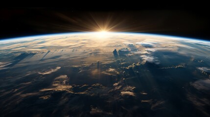 An awe-inspiring view of Earth from space with the sun rising over the planet's horizon, highlighting clouds and oceans