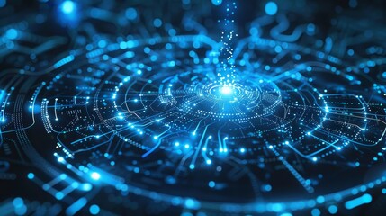 Glowing blue digital circuit with connected dots and lines in futuristic design