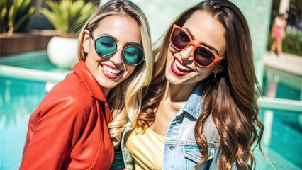 Joyful friends hug and share smiles.