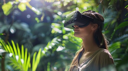 A woman in a virtual reality headset explores a mysterious jungle, showcasing the potential of virtual reality technology to enhance physical experiences.