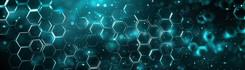 Glowing blue hexagonal pattern with digital effects on dark background