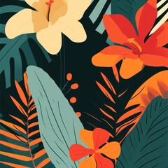 Summer floral illustration with tropical leaf and flowers. Botanical poster. Vector effect. Generative ai