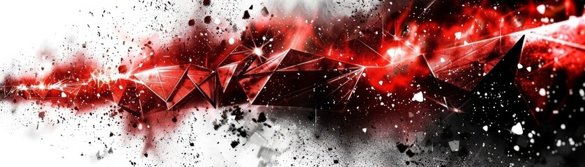 Abstract red and black digital explosion with geometric shapes and splattered effect