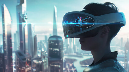 Virtual reality (VR) mockup with sleek and modern VR headset, alongside a user immersed in a virtual environment
