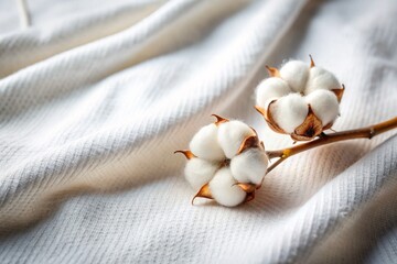 Textile industry. Cotton. Cotton flower on a background of white cotton fabric. A place for the text.