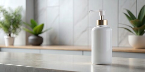 A sleek white pump bottle sits on a clean countertop in a minimalist bathroom, providing a blank canvas for showcasing a product, minimalist bathroom, white bottle, pump bottle