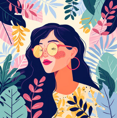 Charming cute character girl on botanical background. Cartoon, flat, vector effect. Portrait. Generative ai