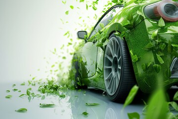 Eco-concept of environmentally friendly transport. A green car, partly composed of plants and foliage, moves, leaving behind a cloud of leaf smoke without polluting the environment.
