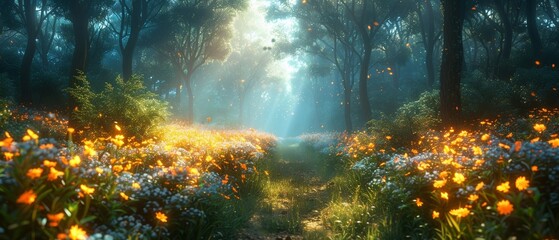Obraz premium A mystical forest scene with glowing plants and ethereal flowers.
