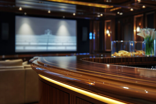 An elegant, polished wood concession stand in the foreground with a blurred background of an exclusive private cinema. The background includes plush seating, and a large projection screen,.