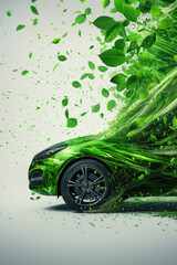 Eco-concept of environmentally friendly transport. A green car, partly composed of plants and foliage, moves, leaving behind a cloud of leaf smoke without polluting the environment.