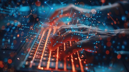 Cyber security and online or blockchain safety concept. hands on a keyboard with technology and connections around. Hacker hands trying to break through a secured virtual space