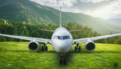 airplane on the ground, airplane in the sky, helicopter in flight, Conceptual image of green, eco-friendly fuel for aviation, symbolizing the sustainable future of air travel with a focus on environme