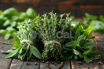 Bouquet Garni A bouquet garni of fresh herbs including thyme, rosemary, and bay leaves, tied together with kitchen twine. Displayed on a rustic wooden table. 