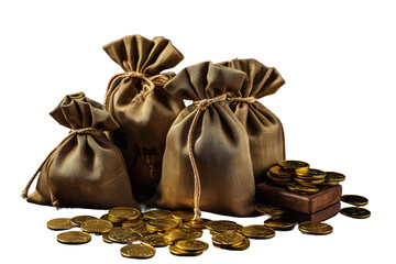 Gleaming Treasure Trove: A Glittering Hoard of Pouches Overflowing With Golden Coins on White or PNG Transparent Background.