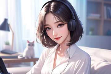 a very beautifulcheerful girl with medium bob hair style  with headphones  smile, sitting on the sofa at home 
