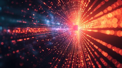 Obraz premium Abstract tech background with digital particles explosion, quantum core and computing network system, artificial intelligence and global data connections