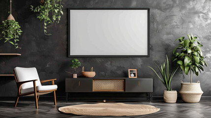 Mockup frame accents cabinet in living room against dark backdrop