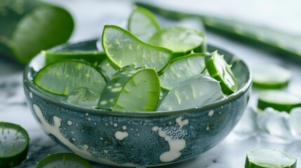 Obraz premium Bowl of sliced aloe vera plant leaves with transparent gel